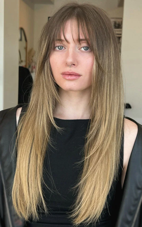 long bangs for round face with layers